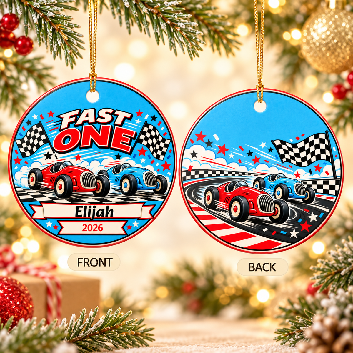 Personalized Fast One Race Car Ornament, First Birthday Keepsake, Custom Name and Date Christmas Ornament, Racing Birthday