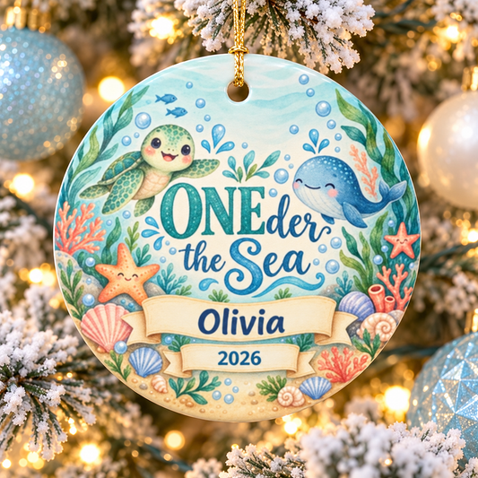Personalized Oneder the Sea First Birthday Ornament, Ocean Animal Christmas Keepsake, Custom Name and Year Gift