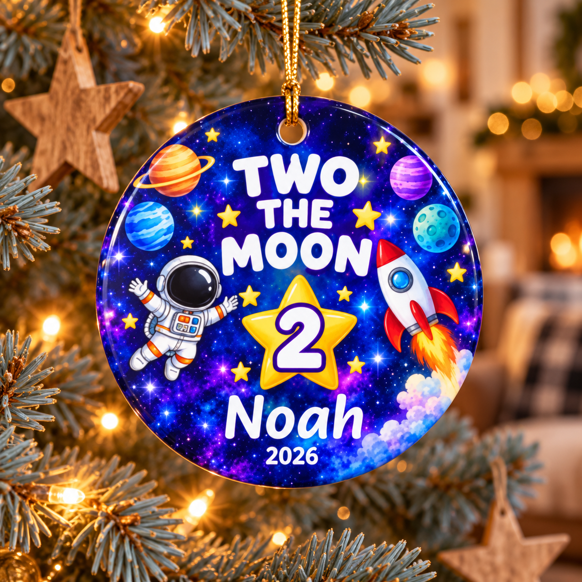 Personalized Two the Moon Christmas Ornament, Second Birthday Space Keepsake, Custom Name and Year Gift