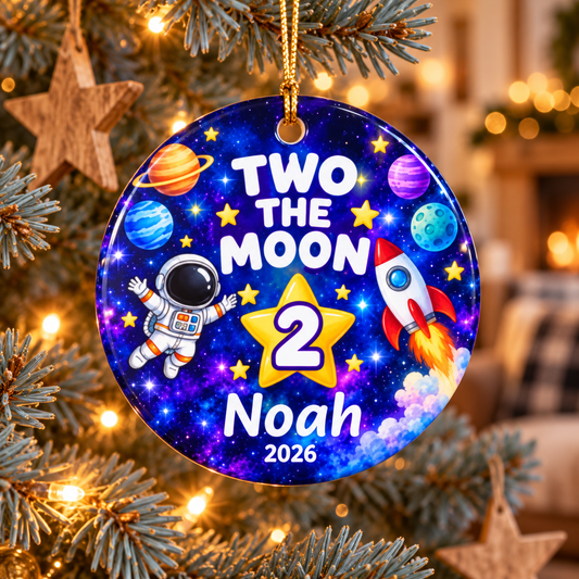 Personalized Two the Moon Christmas Ornament, Second Birthday Space Keepsake, Custom Name and Year Gift