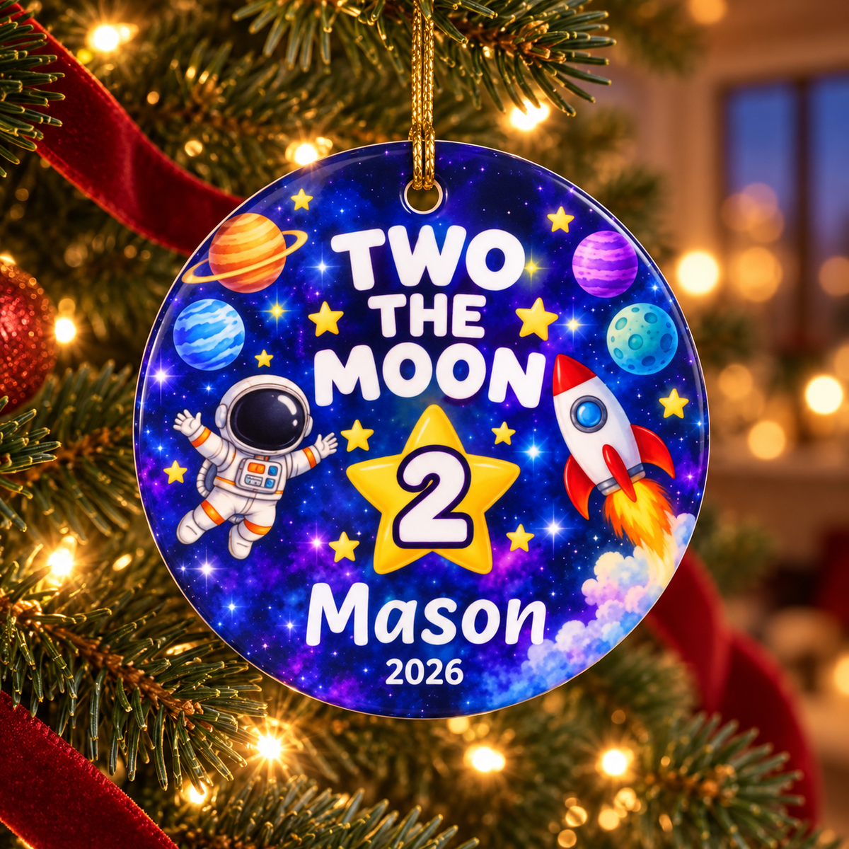 Personalized Two the Moon Christmas Ornament, Second Birthday Space Keepsake, Custom Name and Year Gift