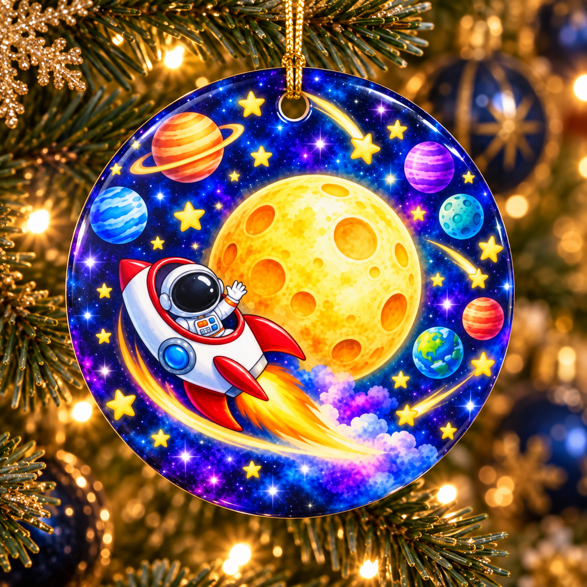 Personalized Two the Moon Christmas Ornament, Second Birthday Space Keepsake, Custom Name and Year Gift