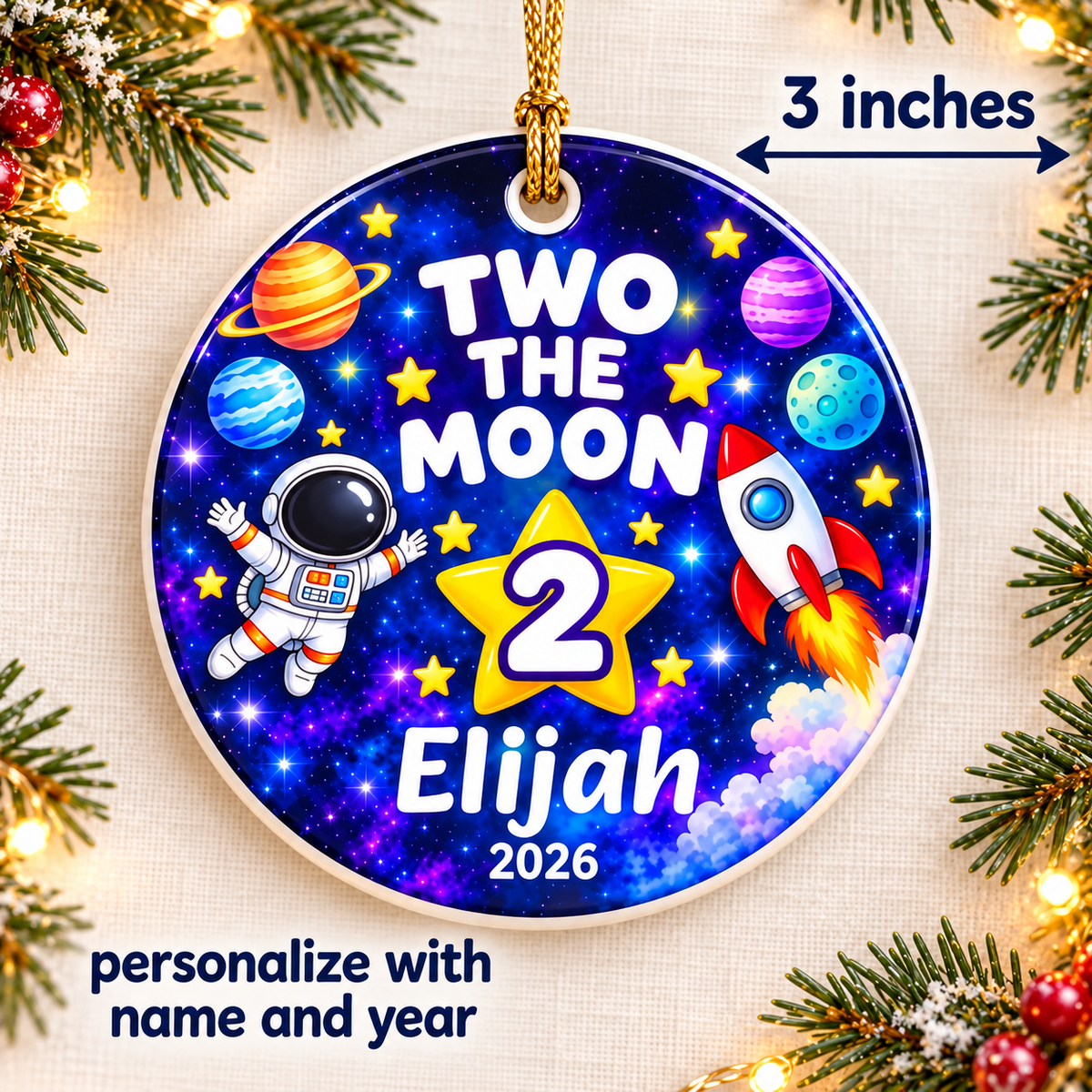 Personalized Two the Moon Christmas Ornament, Second Birthday Space Keepsake, Custom Name and Year Gift