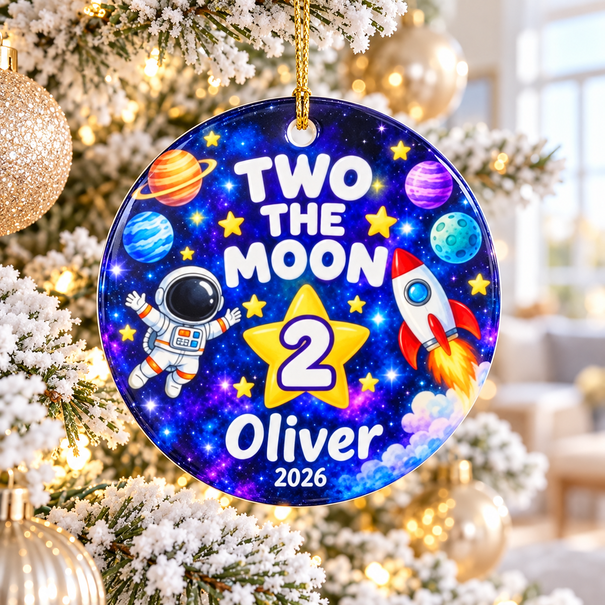 Personalized Two the Moon Christmas Ornament, Second Birthday Space Keepsake, Custom Name and Year Gift