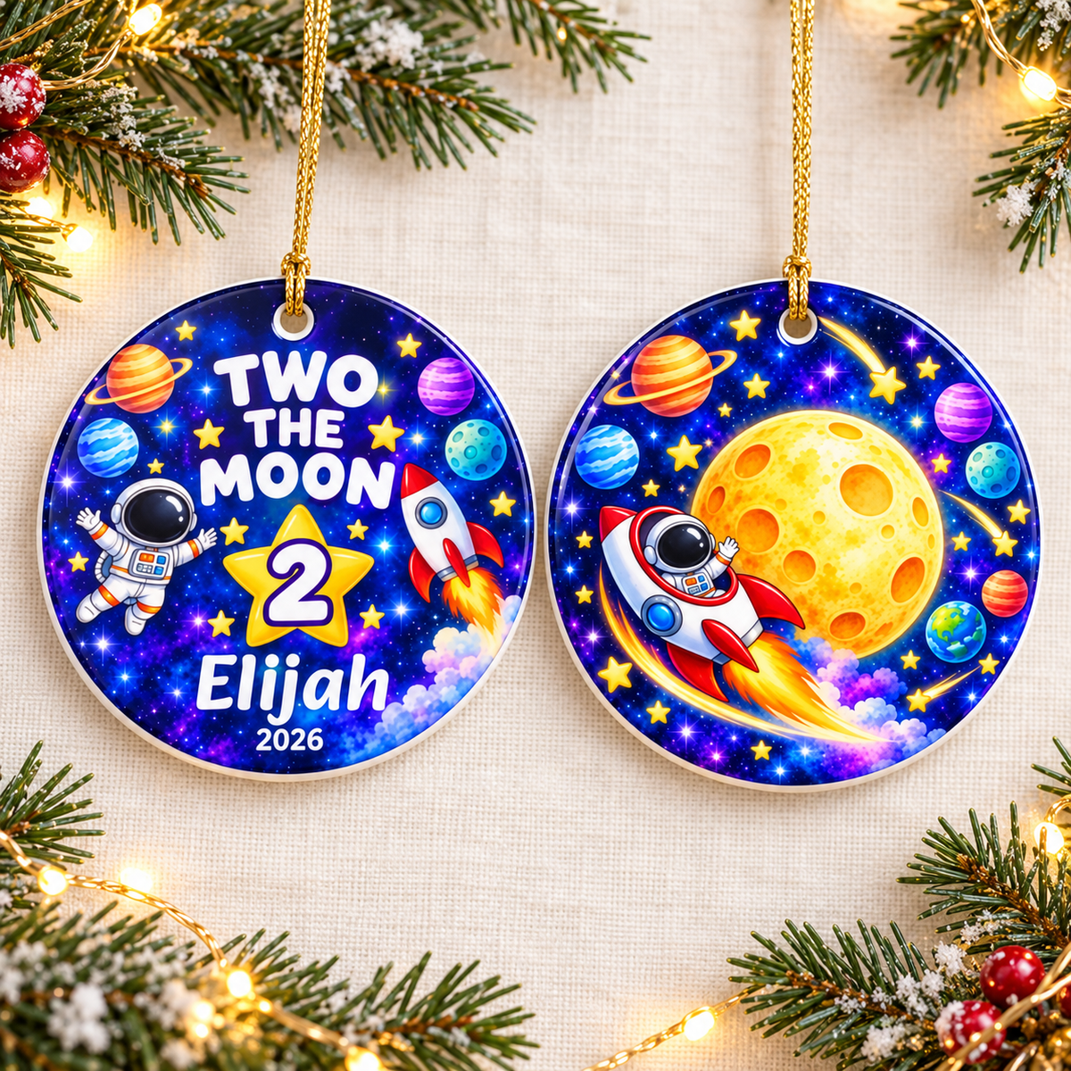 Personalized Two the Moon Christmas Ornament, Second Birthday Space Keepsake, Custom Name and Year Gift