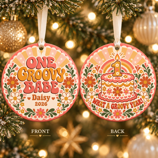 Personalized One Groovy Babe Christmas Ornament, First Birthday Keepsake, Retro Daisy Ornament, Custom Name and Year Gift