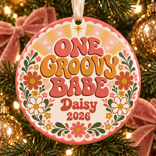 Personalized One Groovy Babe Christmas Ornament, First Birthday Keepsake, Retro Daisy Ornament, Custom Name and Year Gift