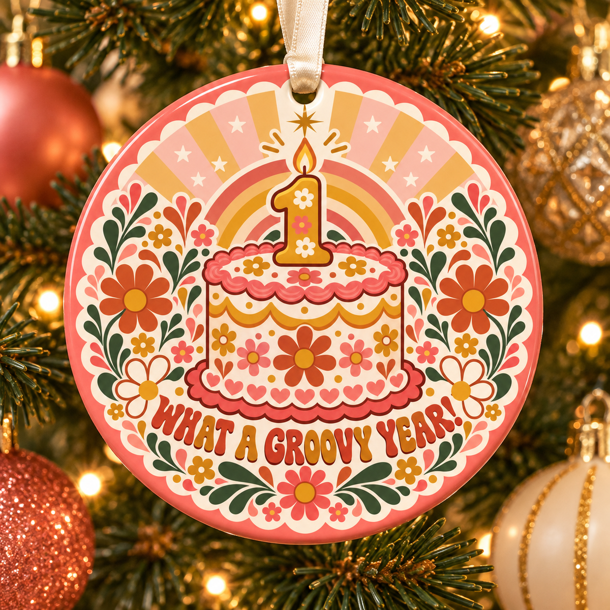 Personalized One Groovy Babe Christmas Ornament, First Birthday Keepsake, Retro Daisy Ornament, Custom Name and Year Gift