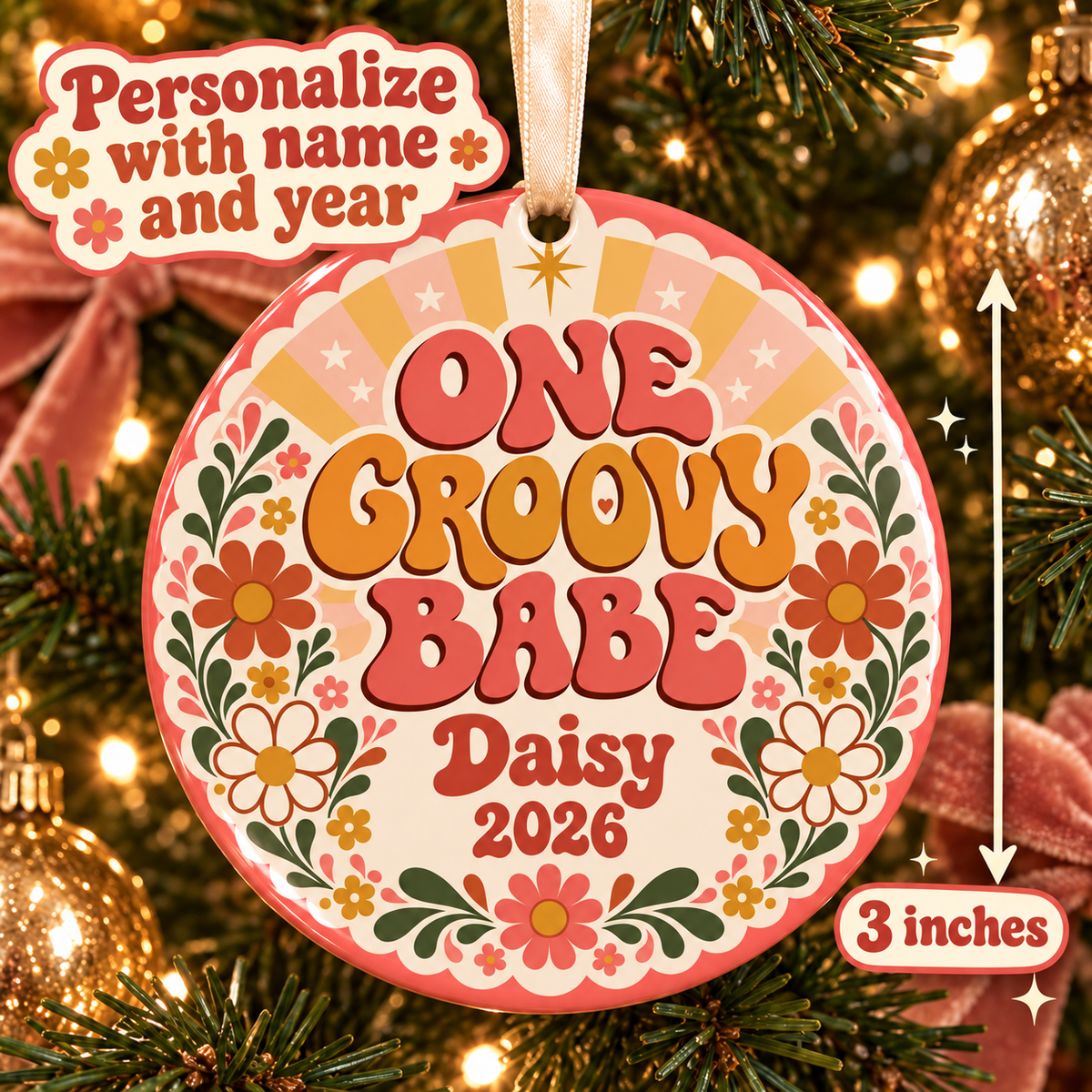 Personalized One Groovy Babe Christmas Ornament, First Birthday Keepsake, Retro Daisy Ornament, Custom Name and Year Gift