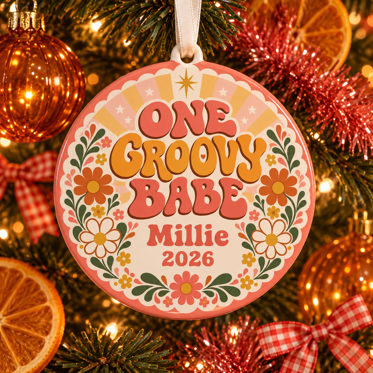 Personalized One Groovy Babe Christmas Ornament, First Birthday Keepsake, Retro Daisy Ornament, Custom Name and Year Gift