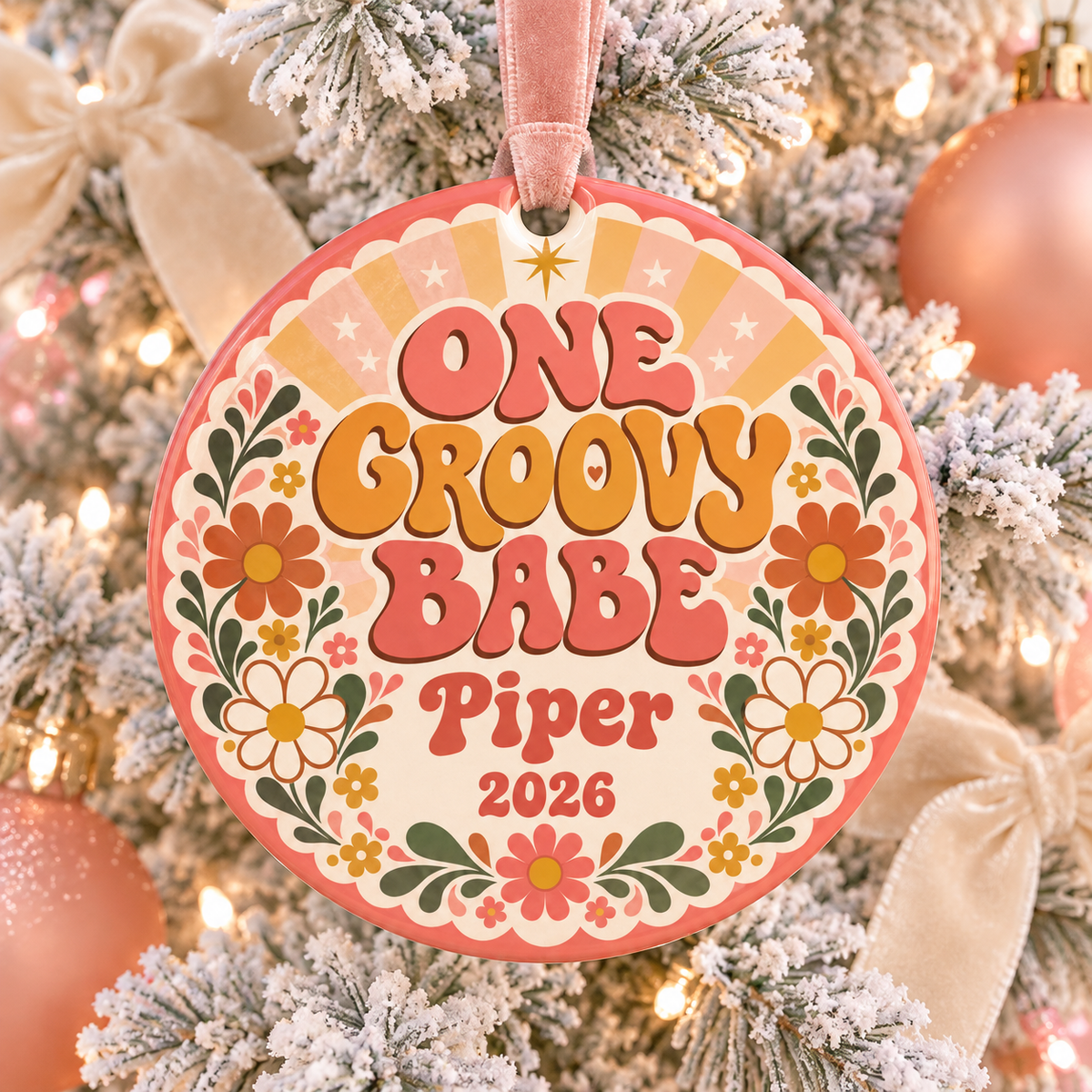 Personalized One Groovy Babe Christmas Ornament, First Birthday Keepsake, Retro Daisy Ornament, Custom Name and Year Gift