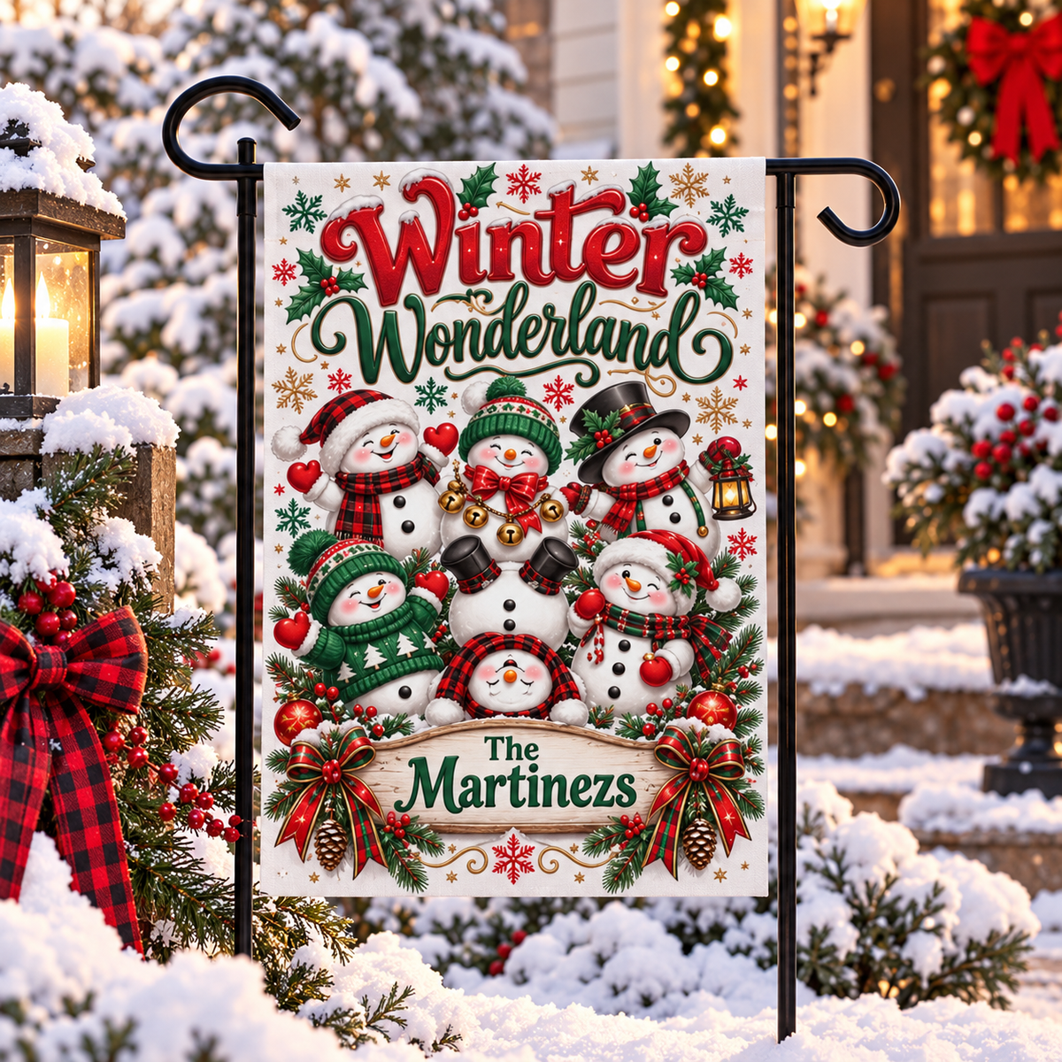 Personalized Christmas Garden Flag, Winter Wonderland Snowman Family Flag