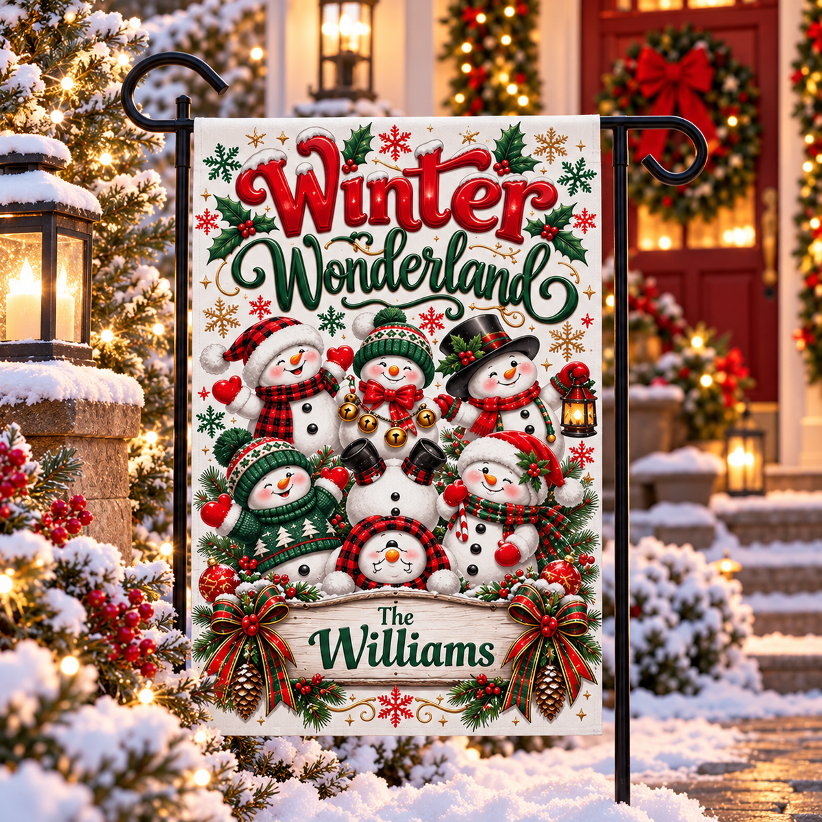 Personalized Christmas Garden Flag, Winter Wonderland Snowman Family Flag