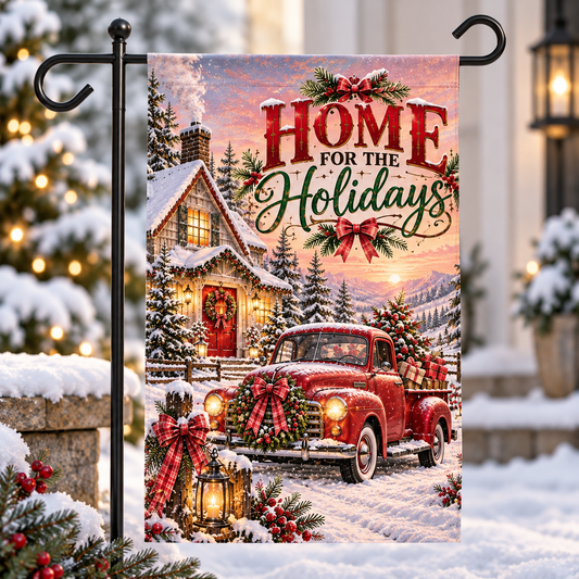 Christmas Garden Flag, Vintage Red Truck Christmas Flag, Home for the Holidays Outdoor Decor, Farmhouse Winter Yard Flag, 12x18 Holiday Flag