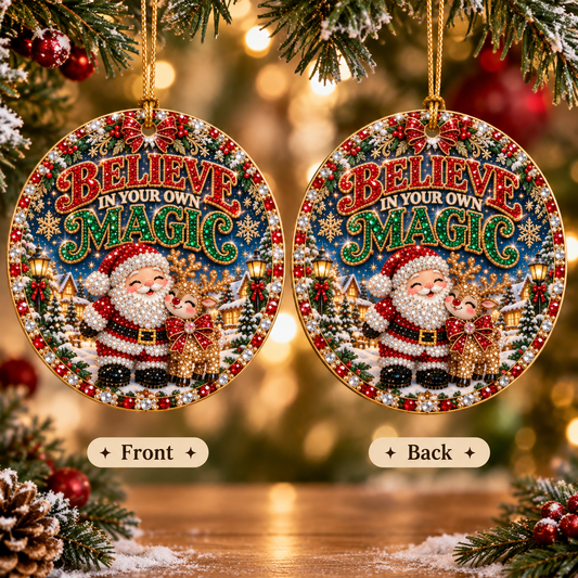 Believe in Your Own Magic Christmas Ornament, Santa Reindeer Ornament, 3 Inch Round Holiday Keepsake, Sparkly Look Christmas Tree Decoration