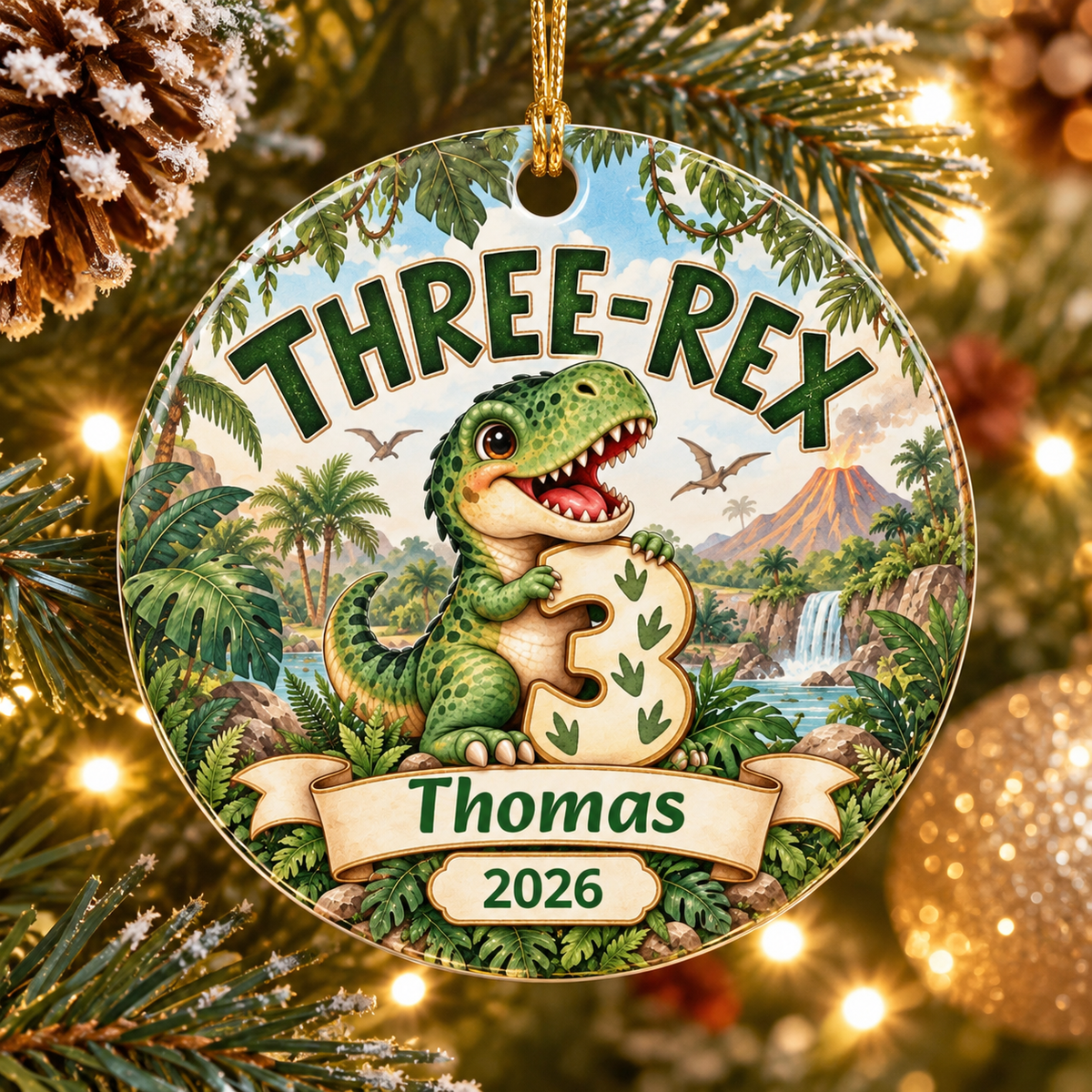 Personalized 3rd Birthday Ornament, Three Rex Dinosaur Christmas Ornament, Third Birthday Keepsake, Custom Name and Year Gift
