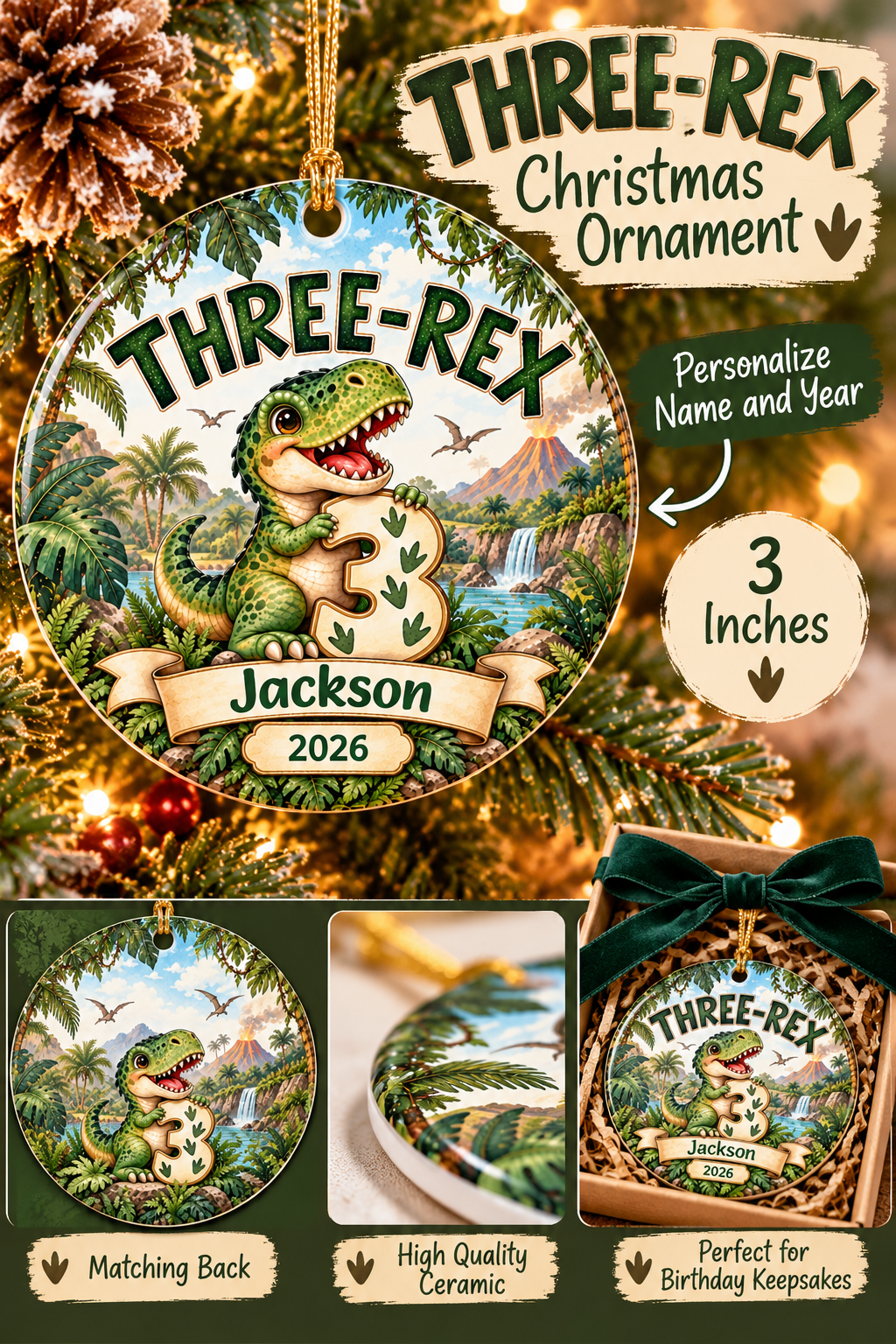 Personalized 3rd Birthday Ornament, Three Rex Dinosaur Christmas Ornament, Third Birthday Keepsake, Custom Name and Year Gift