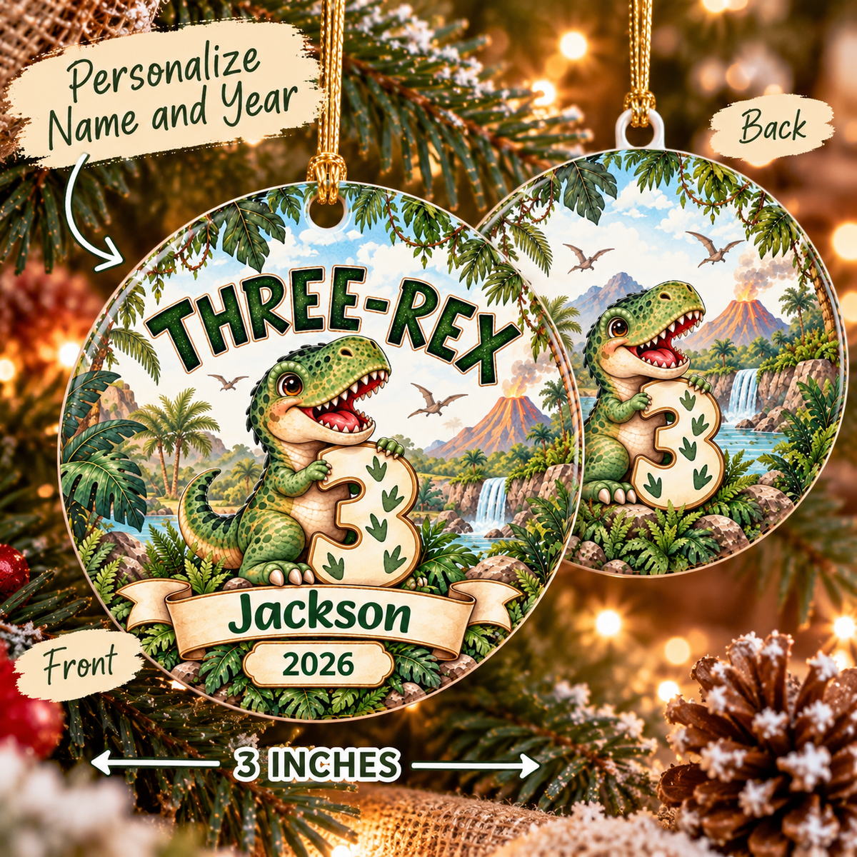Personalized 3rd Birthday Ornament, Three Rex Dinosaur Christmas Ornament, Third Birthday Keepsake, Custom Name and Year Gift