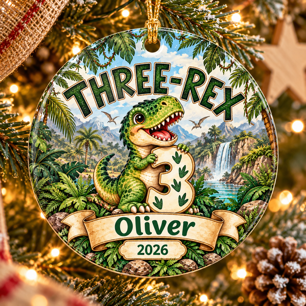 Personalized 3rd Birthday Ornament, Three Rex Dinosaur Christmas Ornament, Third Birthday Keepsake, Custom Name and Year Gift