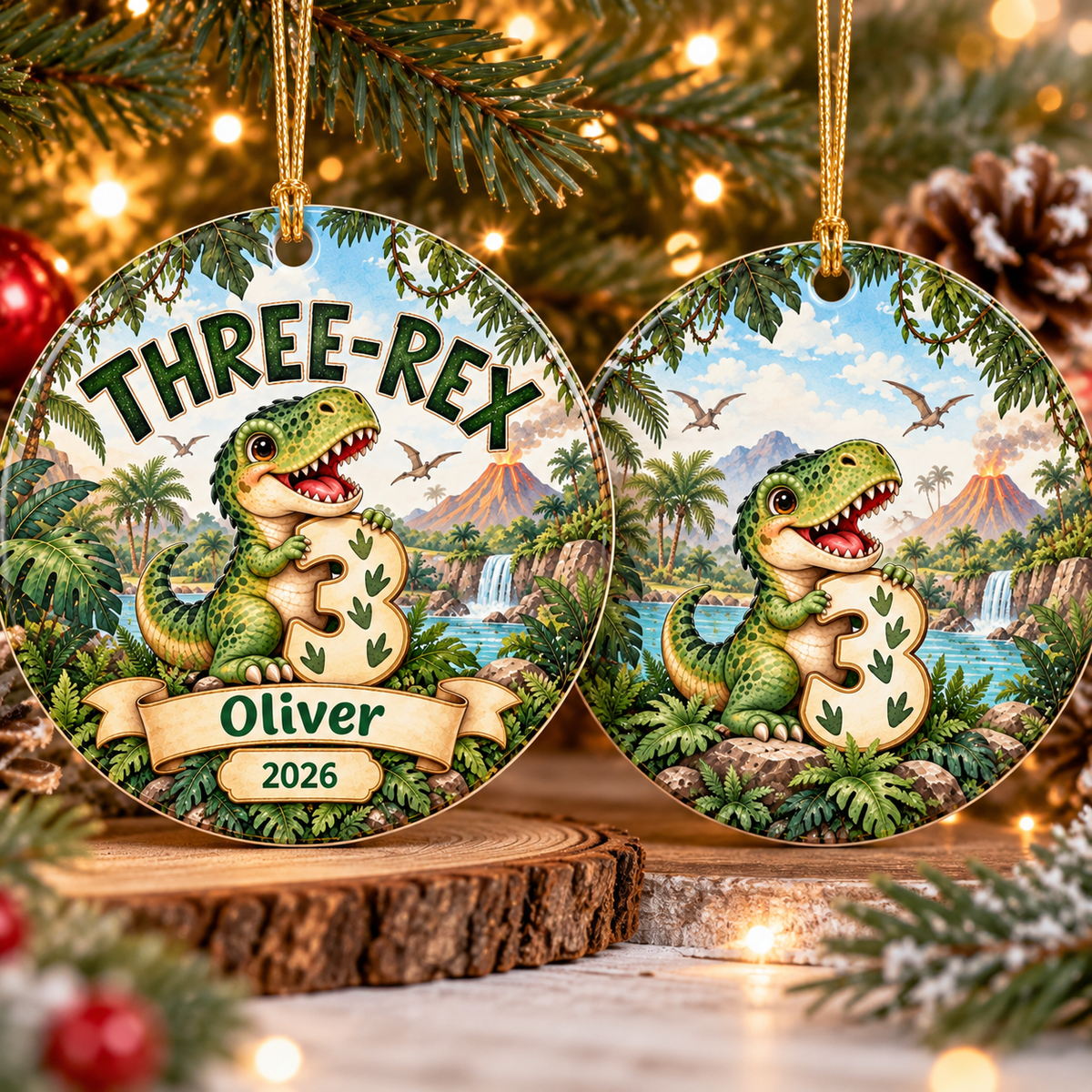 Personalized 3rd Birthday Ornament, Three Rex Dinosaur Christmas Ornament, Third Birthday Keepsake, Custom Name and Year Gift