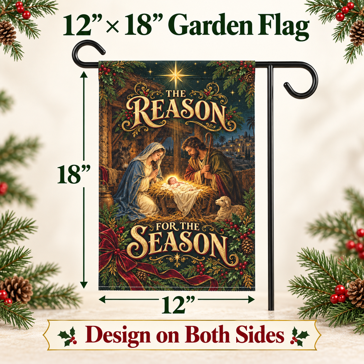 Christian Christmas Garden Flag, Nativity Scene, Reason for the Season, Double Sided 12x18 Flag, Religious Yard Decor