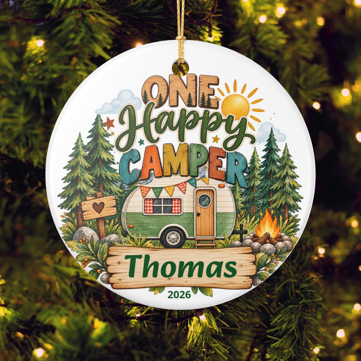 One Happy Camper Ornament, Personalized First Birthday Christmas Ornament, Camping Birthday Keepsake, Custom Name Year Gift