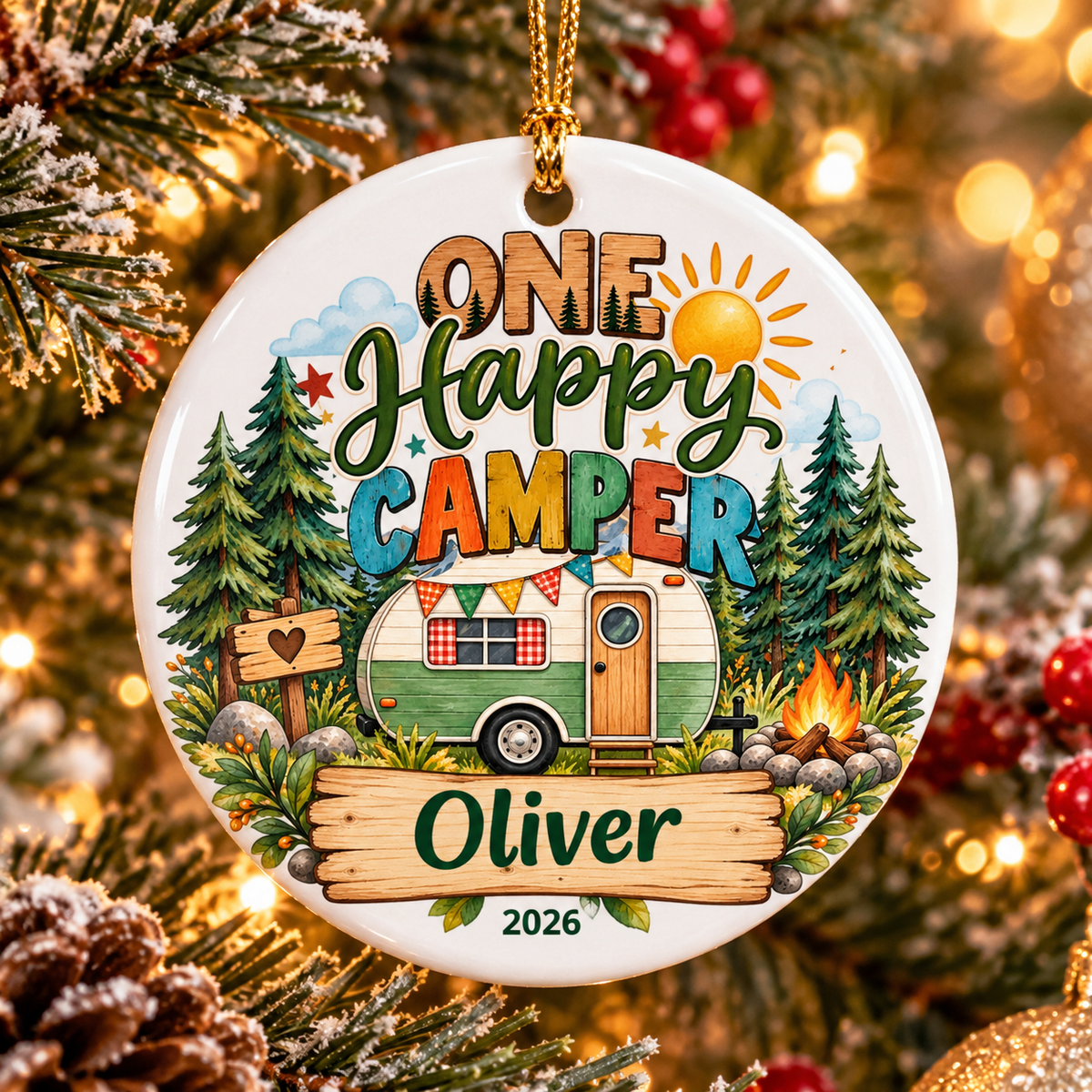 One Happy Camper Ornament, Personalized First Birthday Christmas Ornament, Camping Birthday Keepsake, Custom Name Year Gift