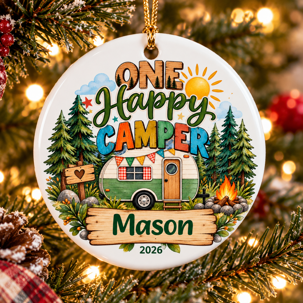 One Happy Camper Ornament, Personalized First Birthday Christmas Ornament, Camping Birthday Keepsake, Custom Name Year Gift