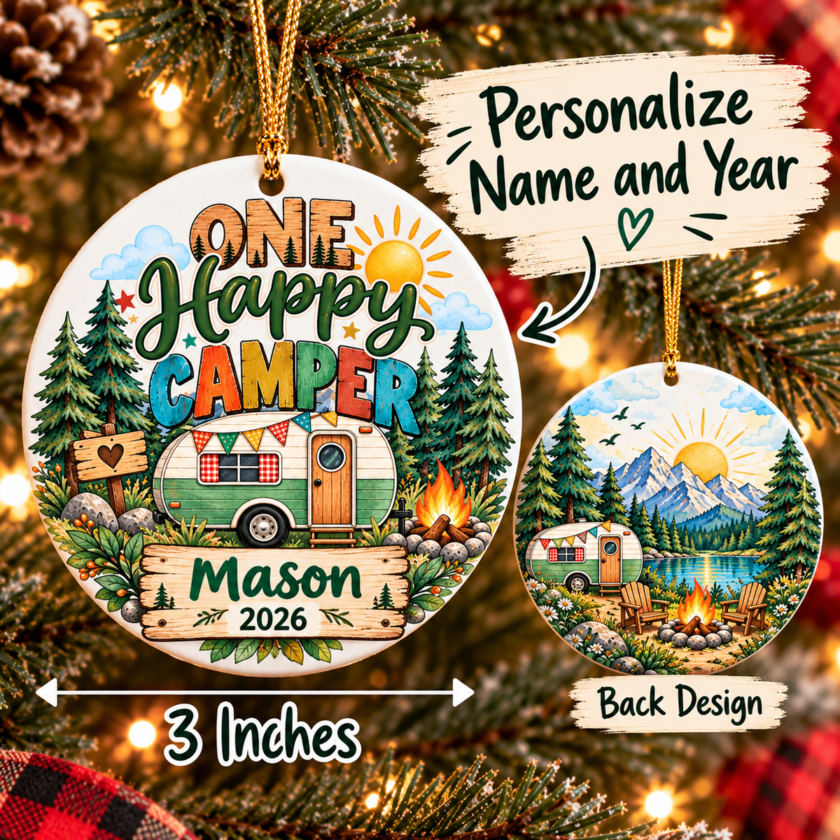 One Happy Camper Ornament, Personalized First Birthday Christmas Ornament, Camping Birthday Keepsake, Custom Name Year Gift