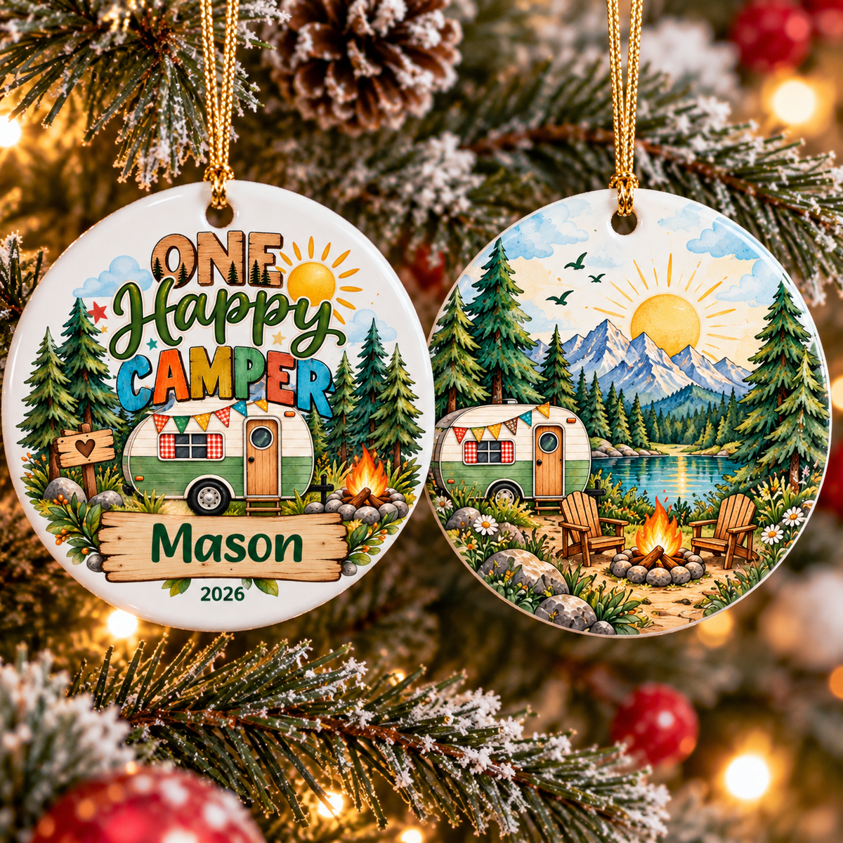 One Happy Camper Ornament, Personalized First Birthday Christmas Ornament, Camping Birthday Keepsake, Custom Name Year Gift