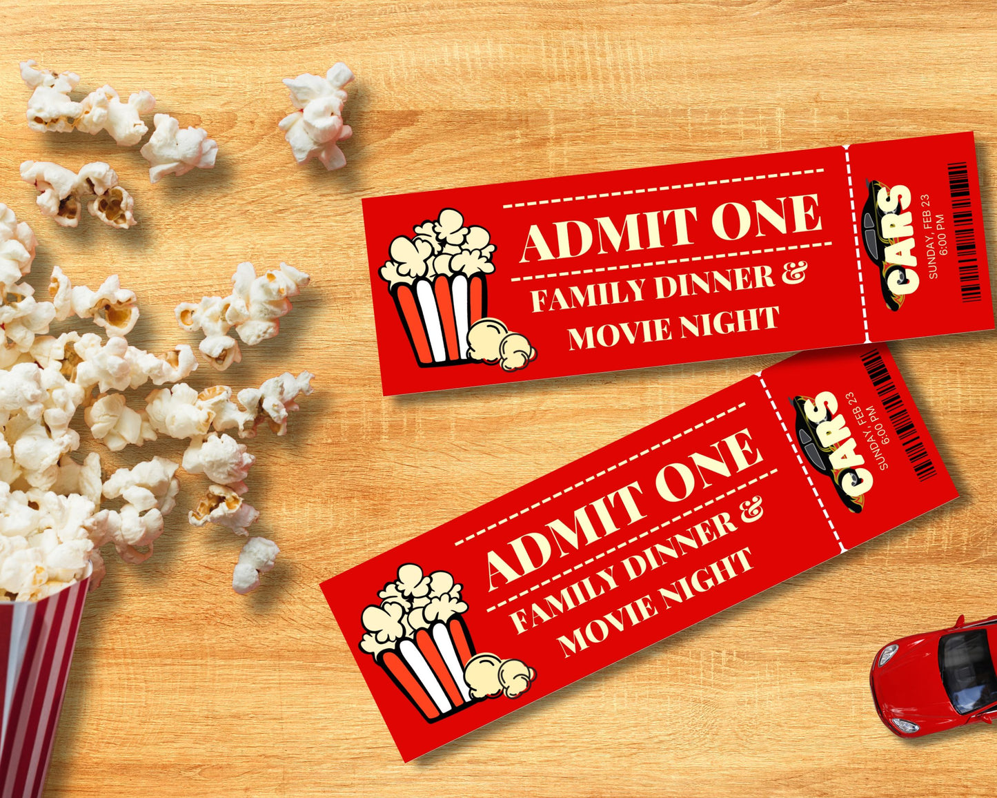 Movie Night Party Ticket Digital Template Car Theme Design Family Entertainment Package Printable Movie Passes Popcorn Snack Bundle Home Theater Experience Perfect Family Gathering Event Planning Essential Digital Download Format Custom