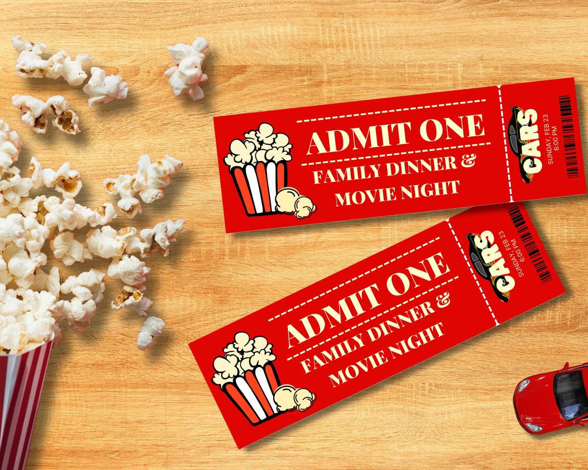 Movie Night Party Ticket Digital Template Car Theme Design Family Entertainment Package Printable Movie Passes Popcorn Snack Bundle Home Theater Experience Perfect Family Gathering Event Planning Essential Digital Download Format Custom