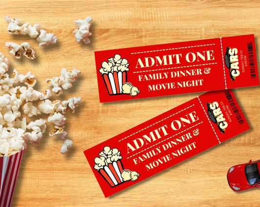 Movie Night Party Ticket Digital Template Car Theme Design Family Entertainment Package Printable Movie Passes Popcorn Snack Bundle Home Theater Experience Perfect Family Gathering Event Planning Essential Digital Download Format Custom