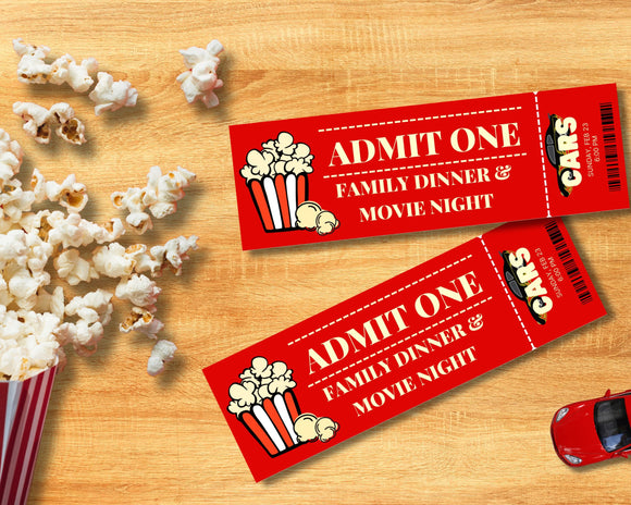Movie Night Party Ticket Digital Template Car Theme Design Family Entertainment Package Printable Movie Passes Popcorn Snack Bundle Home Theater Experience Perfect Family Gathering Event Planning Essential Digital Download Format Custom