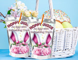 Two packages of 'Hoppy Juice' with bunny ears on a blue background with Easter-themed items.