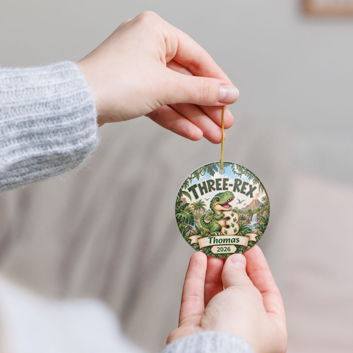 Personalized 3rd Birthday Ornament, Three Rex Dinosaur Christmas Ornament, Third Birthday Keepsake, Custom Name and Year Gift