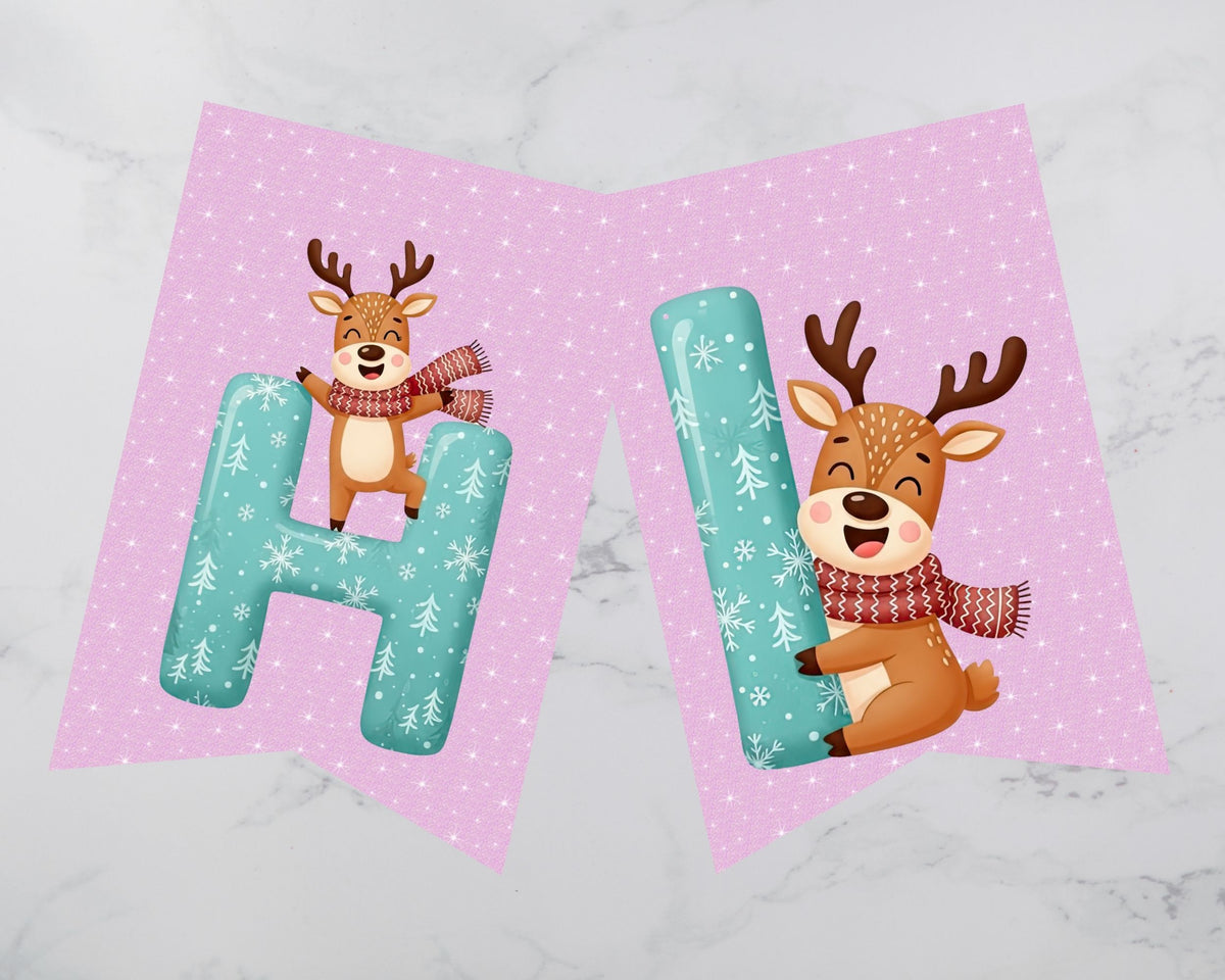 Pink Reindeer Pennant Banner Printable And Canva Template