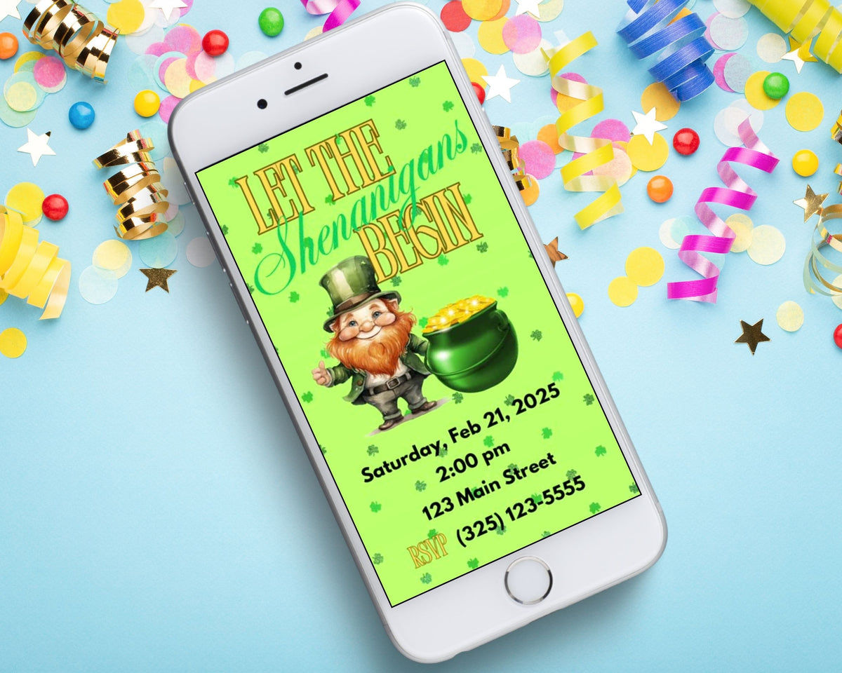 Let the Shenanigans Begin Mobile Party Invitation Editable Canva Link