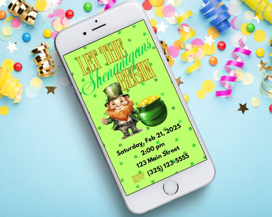 Let the Shenanigans Begin Mobile Party Invitation Editable Canva Link