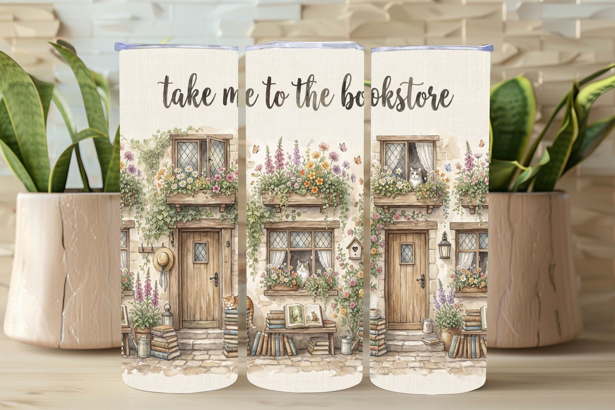 Three phone cases with a design of a bookstore and 'take me to the bookstore' text, placed on a wooden surface with plants.