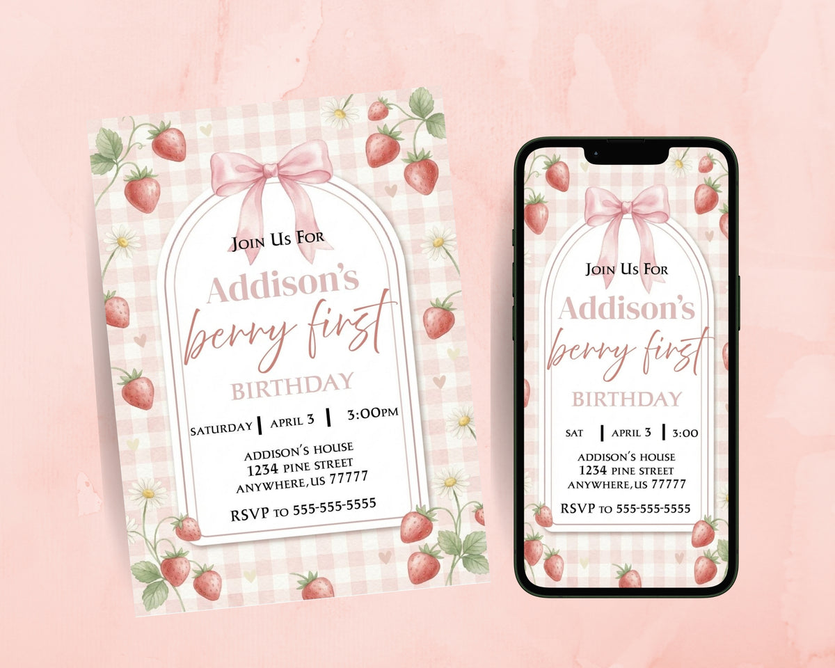 Berry First Birthday Invitation Canva Template