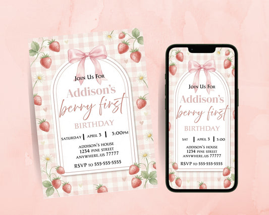 Berry First Birthday Invitation Canva Template