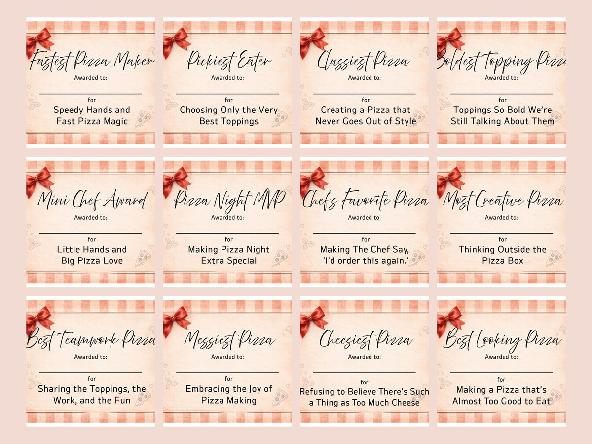 Sheet of pizza night awards with humorous and descriptive text on a pink background.