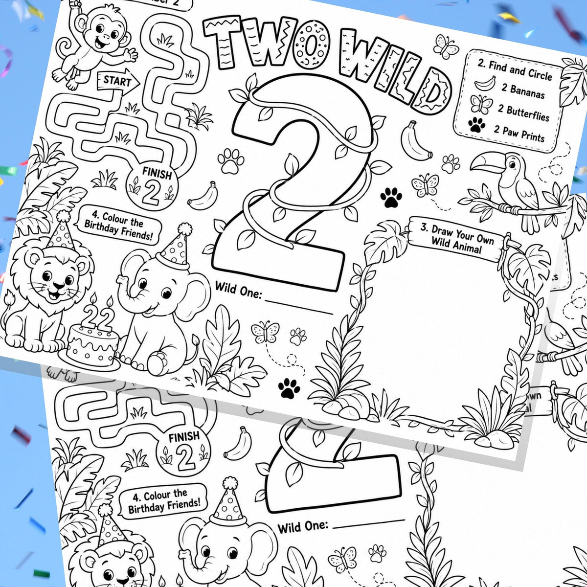 Two Wild Second Birthday Activity Placemat Printable, Jungle Safari Birthday Activity