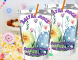 Two clear plastic bags with Easter-themed designs and text, surrounded by colorful Easter decorations.