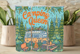Product packaging with 'Camping Queen' text and camper van design, surrounded by plants.