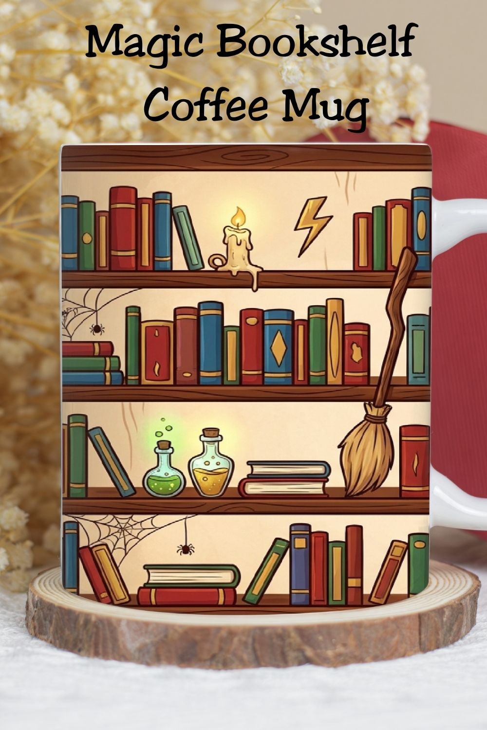 Escape into cozy fantasy vibes with this Magic Bookshelf Mug ☕📚 Perfect for book lovers, fantasy readers, librarians, and BookTok fans. Available as an 11 oz ceramic mug or a PNG for DIY mug projects.