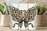Tumbler with 'MAMA' design featuring a bow and camouflage patterns on a neutral background.