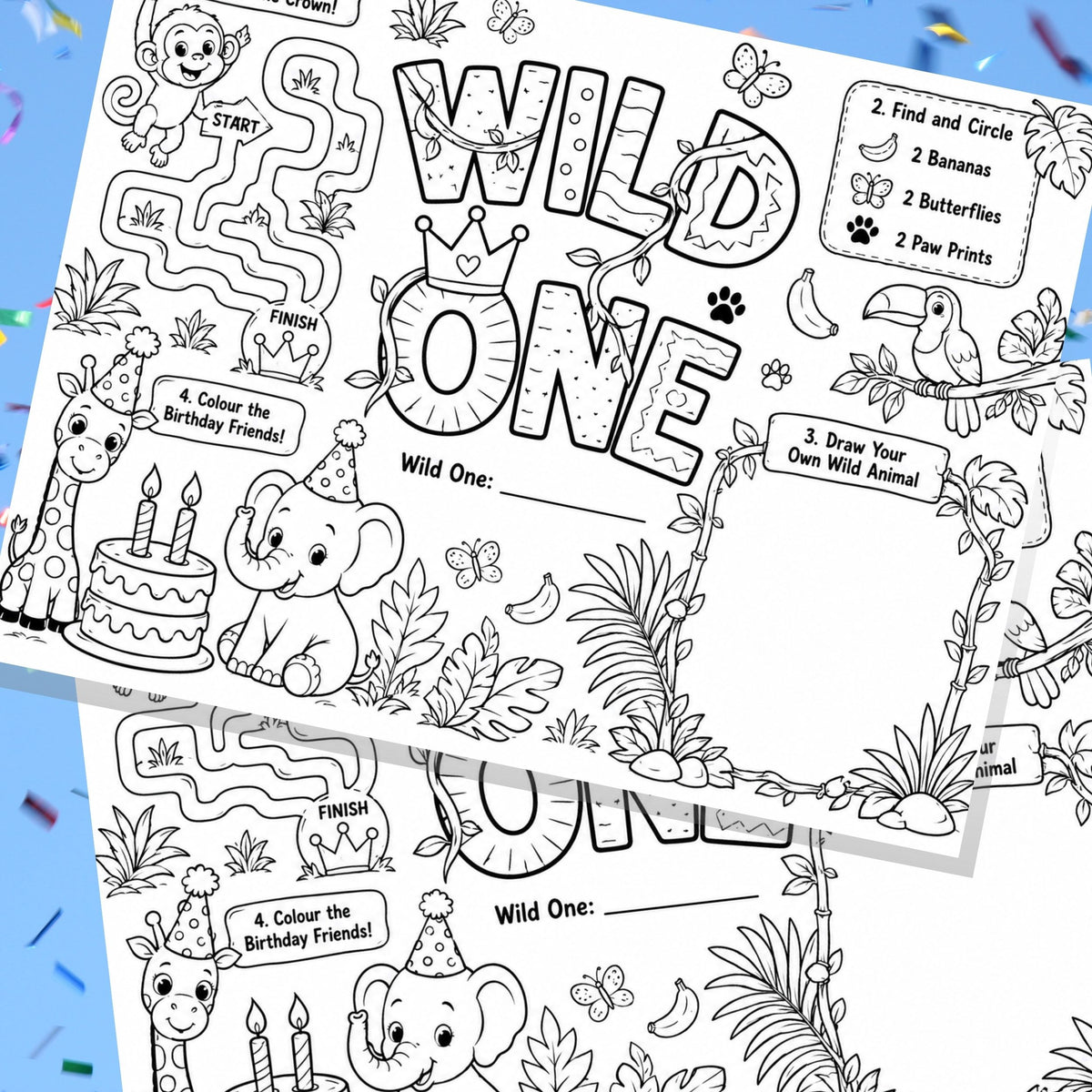 Wild One First Birthday Activity Placemat Printable, Jungle Safari Birthday Activity