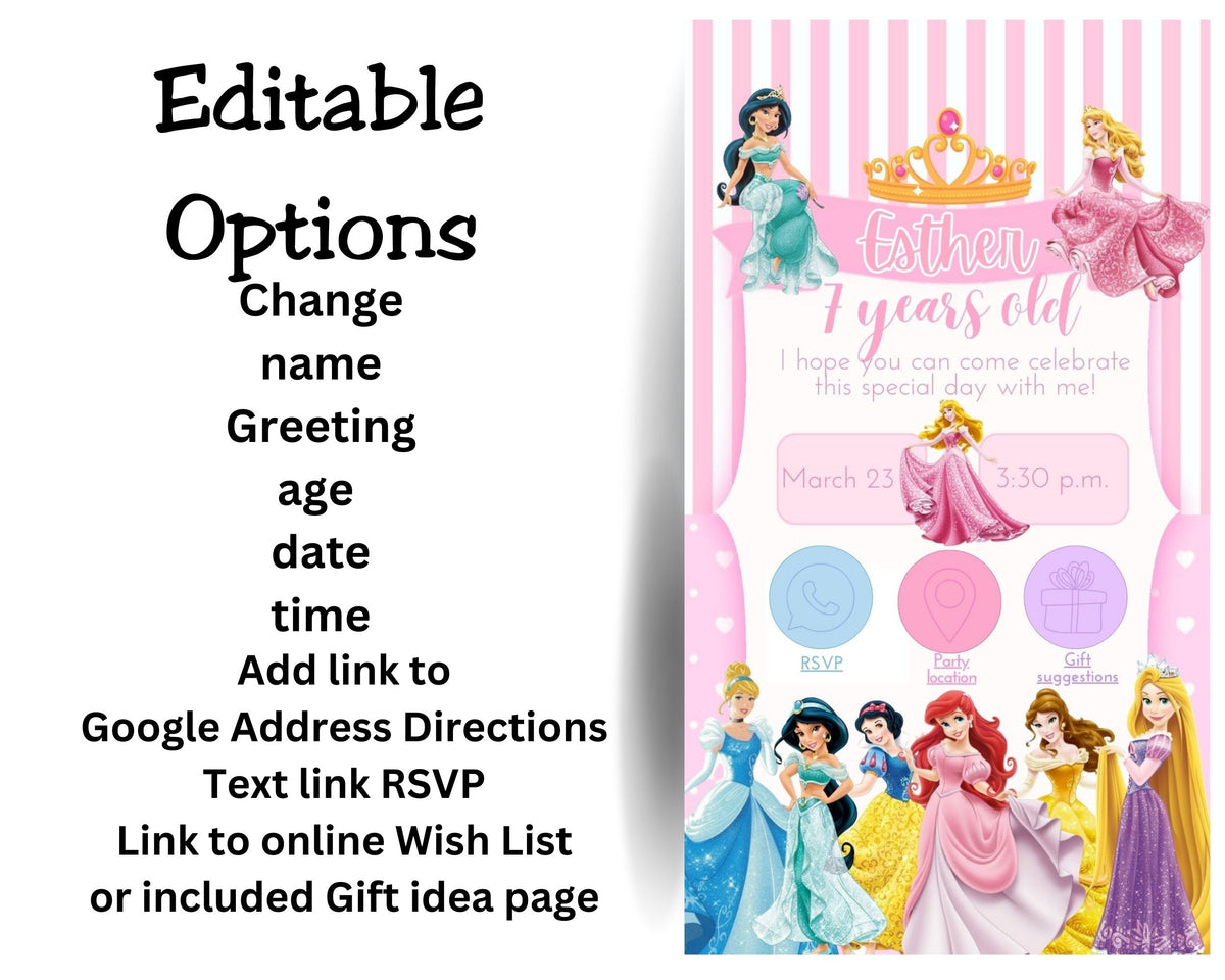 Fairy Tale Princess Mobile Party Invitation Editable Canva Link